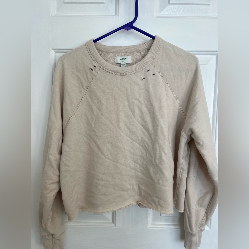 Aerie Cream Distressed Cropped Crewneck